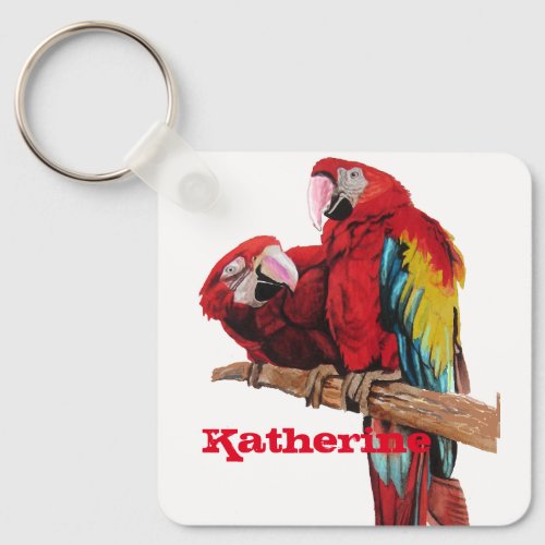 Red Macaw Parrot Parrots Watercolor Art Key Ring