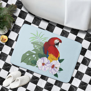 Red Macaw Parrot Tropical White Hibiscus Floral Bath Mat