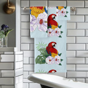 Red Macaw Parrot Tropical White Hibiscus Floral Bath Towel Set