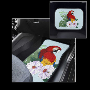 Red Macaw Parrot Tropical White Hibiscus Floral Car Floor Mat