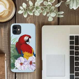 Red Macaw Parrot Tropical White Hibiscus Floral iPhone 11 Case
