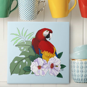 Red Macaw Parrot Tropical White Hibiscus Floral  Ceramic Tile
