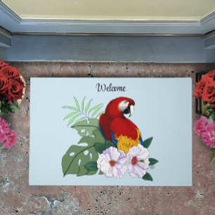Red Macaw Parrot Tropical White Hibiscus Floral Doormat