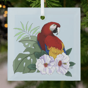 Red Macaw Parrot Tropical White Hibiscus Floral Glass Ornament