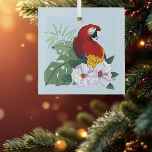 Red Macaw Parrot Tropical White Hibiscus Floral Glass Ornament