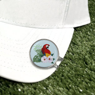 Red Macaw Parrot Tropical White Hibiscus Floral Golf Hat Clip