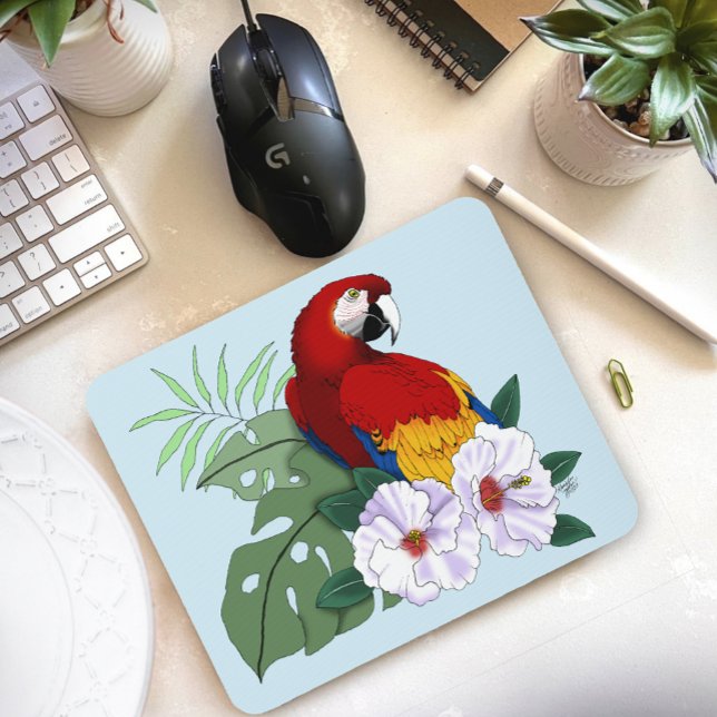 Red Macaw Parrot Tropical White Hibiscus Floral  Mouse Pad (Creator Uploaded)