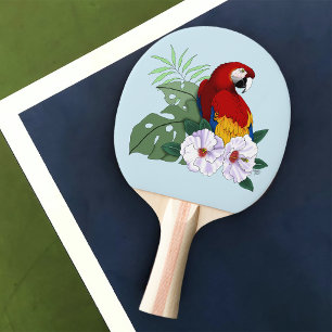Red Macaw Parrot Tropical White Hibiscus Floral  Ping Pong Paddle