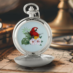 Red Macaw Parrot Tropical White Hibiscus Floral  Pocket Watch