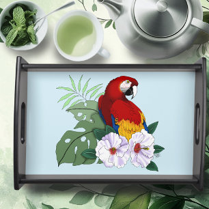 Red Macaw Parrot Tropical White Hibiscus Floral Serving Tray