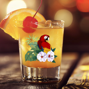Red Macaw Parrot Tropical White Hibiscus Floral Shot Glass