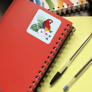 Red Macaw Parrot Tropical White Hibiscus Floral  Square Sticker