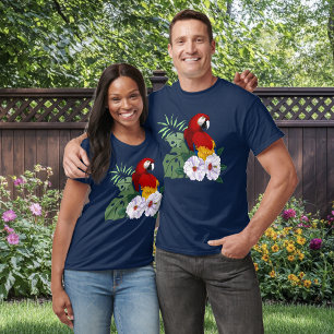 Red Macaw Parrot Tropical White Hibiscus Floral T-Shirt