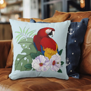Red Macaw Parrot Tropical White Hibiscus Floral Throw Pillow