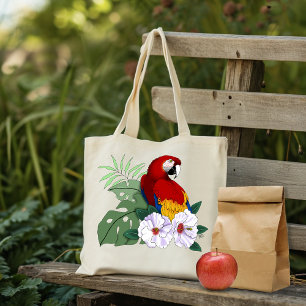 Red Macaw Parrot Tropical White Hibiscus Floral Tote Bag