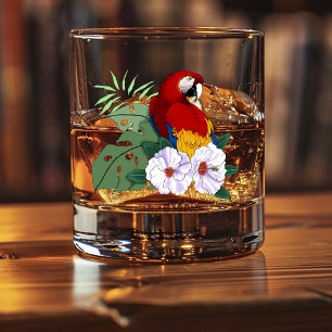 Red Macaw Parrot Tropical White Hibiscus Floral  Whiskey Glass