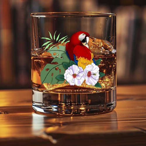 Red Macaw Parrot Tropical White Hibiscus Floral  Whiskey Glass