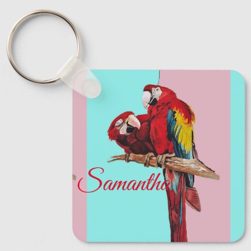 Red Macaw Parrot Watercolor Girls Name Key Ring