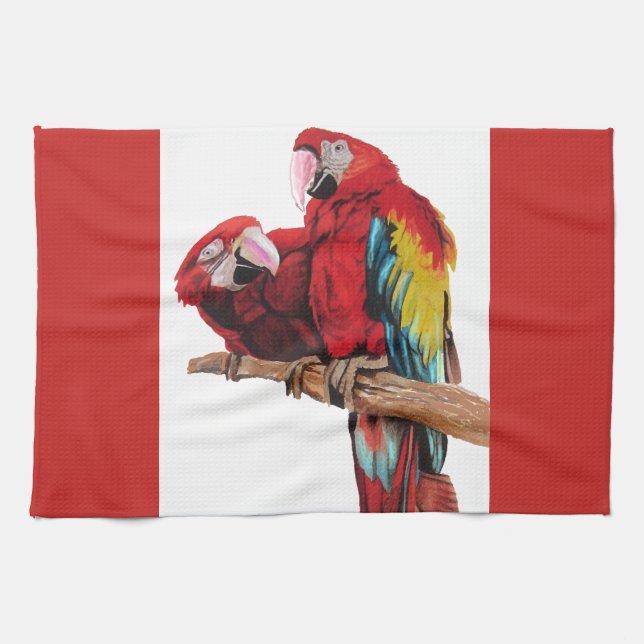 Red Macaw Parrots Parrot Bird Watercolour Kitchen  Towel (Horizontal)