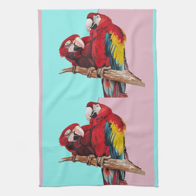 Red Macaw Parrots Watercolour Kitchen Aqua Pink Te Kitchen Towel (Vertical)