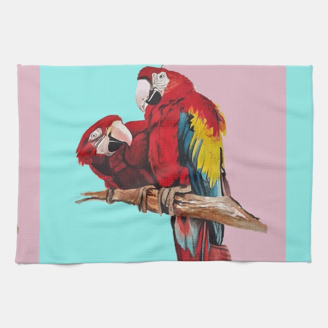 Red Macaw Parrots Watercolour Kitchen Aqua Pink Towel (Horizontal)