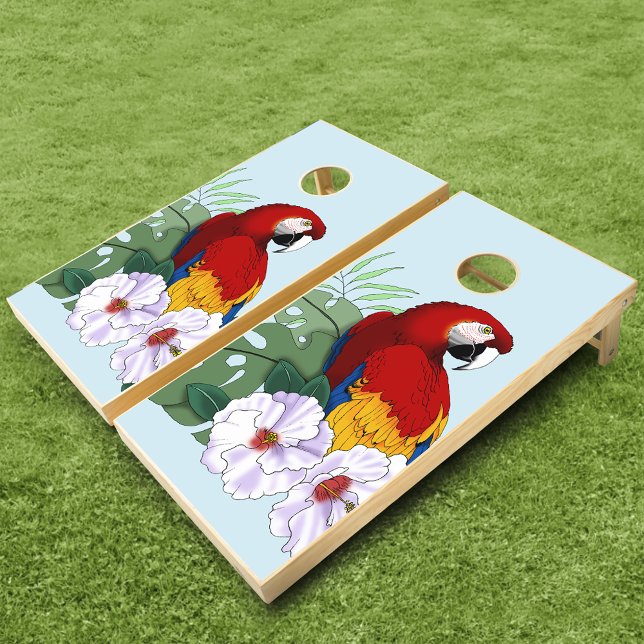 Red Macaw Tropical Bird Floral Parrot Cornhole Set (Creator Uploaded)