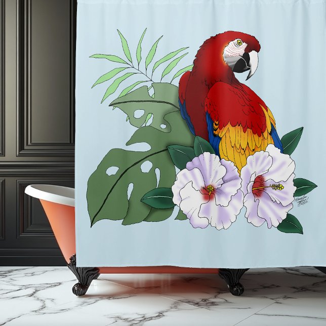 Red Macaw Tropical Bird Floral Parrot Shower Curtain (Creator Uploaded)
