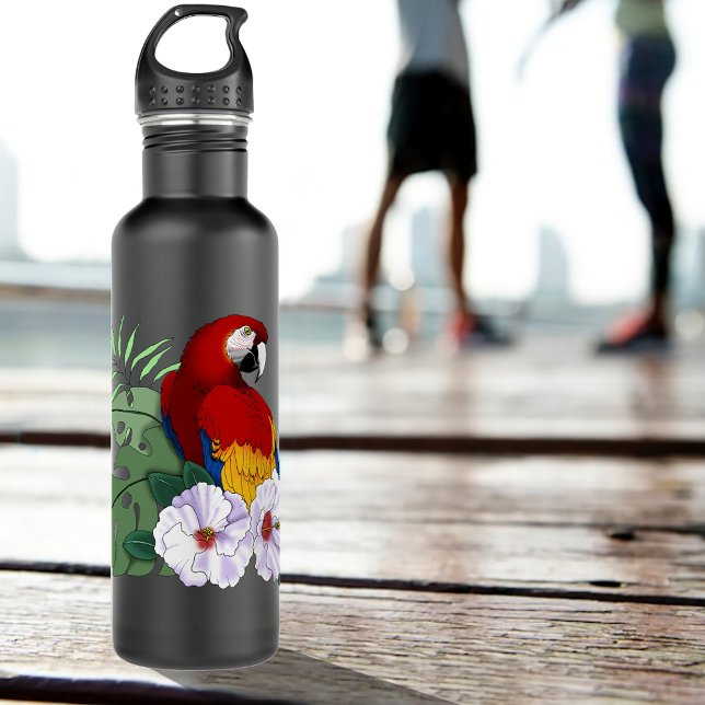 Red Macaw Tropical Bird Floral Parrot Stainless Steel Water Bottle (Creator Uploaded)