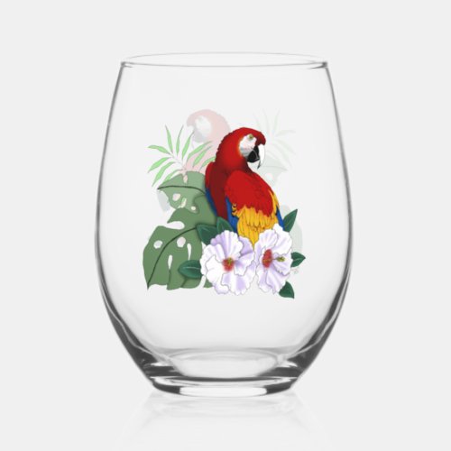 Red Macaw Tropical Bird Floral Parrot Stemless Wine Glass