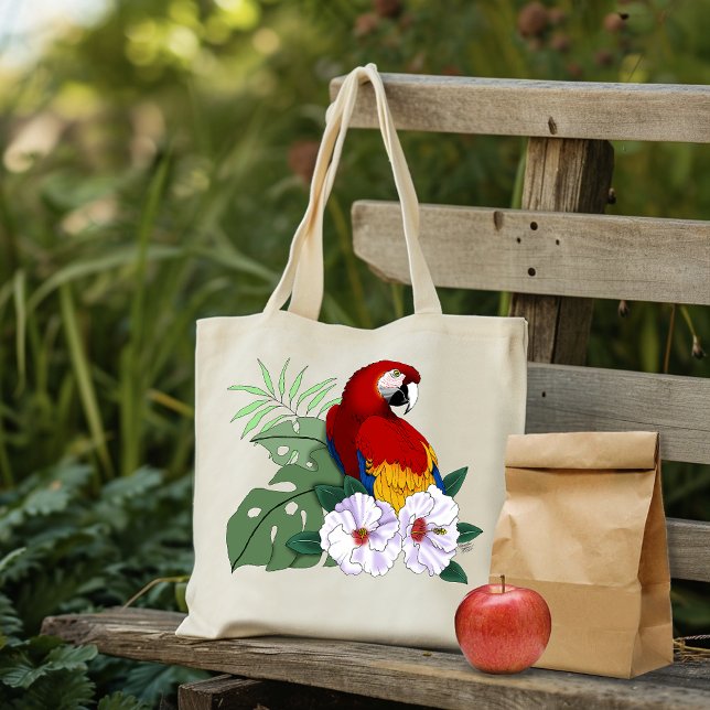 Red Macaw Tropical Bird Floral Parrot Tote Bag (Creator Uploaded)