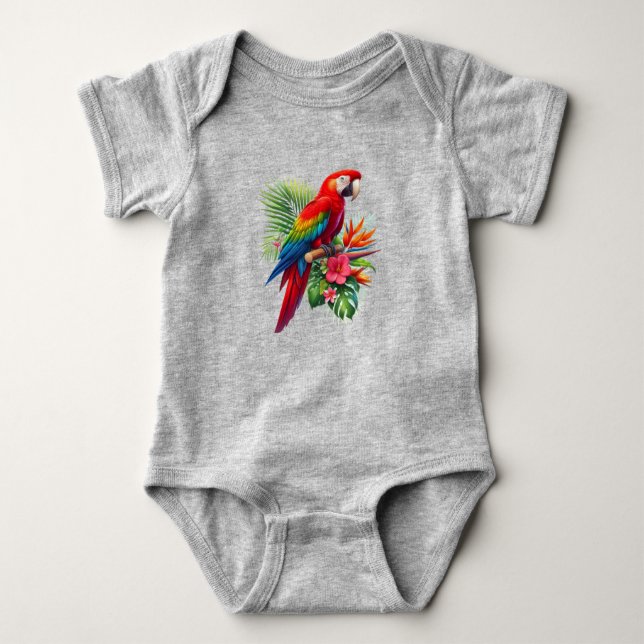 Red macaw tropical floral baby bodysuit (Front)