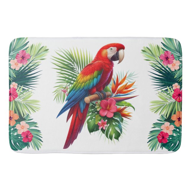 Red macaw tropical floral bath mat (Front)