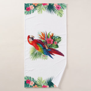 Red macaw tropical floral bath towel