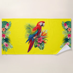 Red macaw tropical floral beach towel