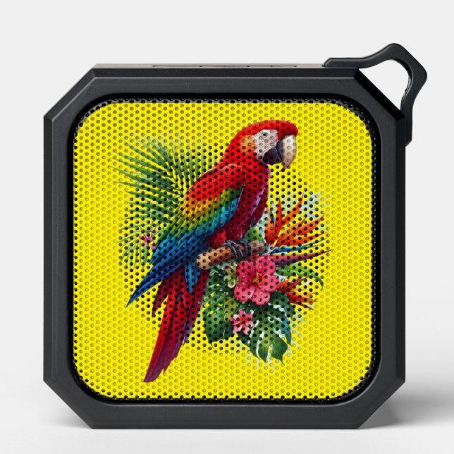 Red macaw tropical floral bluetooth speaker (Front)