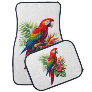 Red macaw tropical floral car floor mat