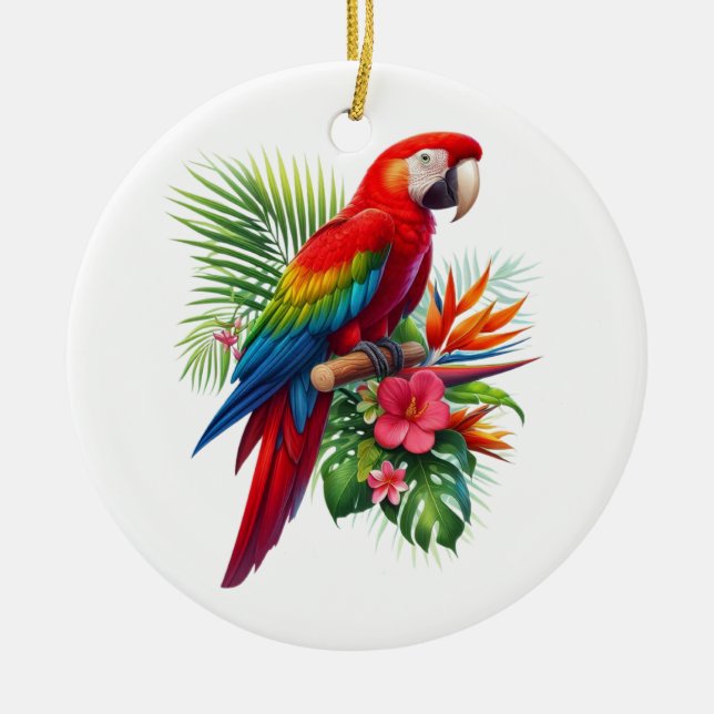 Red macaw tropical floral ceramic ornament (Front)