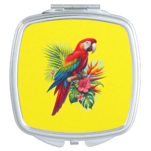 Red macaw tropical floral compact mirror