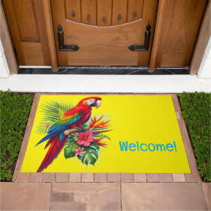 Red macaw tropical floral doormat