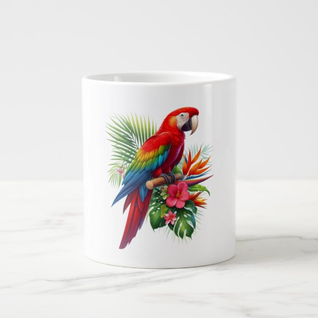 Red macaw tropical floral giant coffee mug (Front)