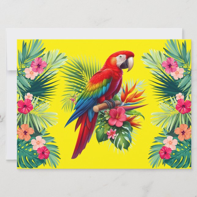Red macaw tropical floral holiday card (Front)