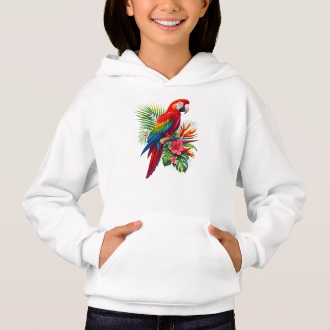 Red macaw tropical floral hoodie (Front)