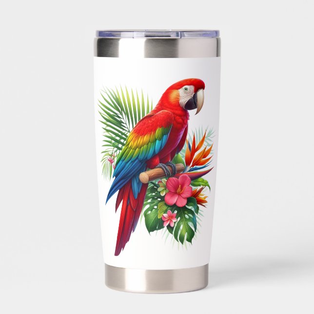 Red macaw tropical floral insulated tumbler (Front)