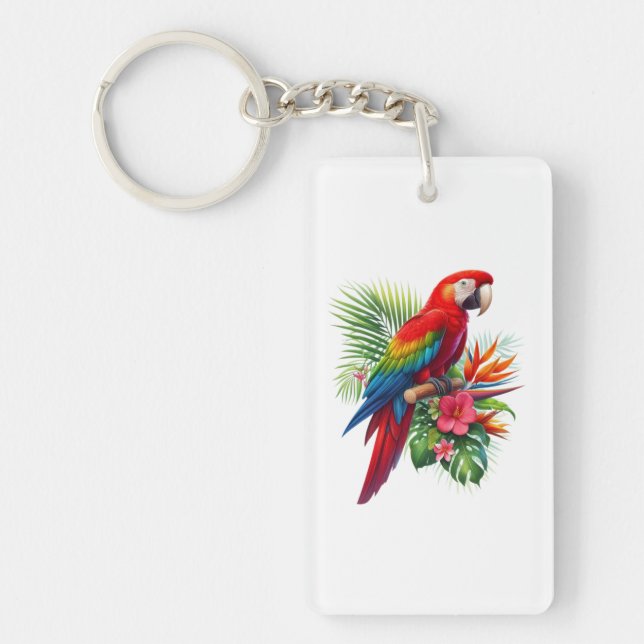 Red macaw tropical floral keychain (Front)
