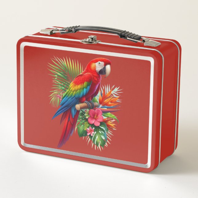 Red macaw tropical floral metal lunch box (Front)