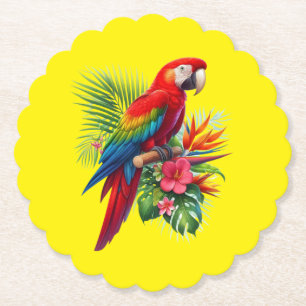 Red macaw tropical floral paper coaster