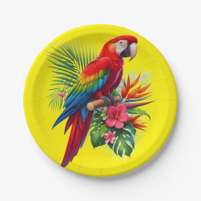 Red macaw tropical floral paper plates (Front)
