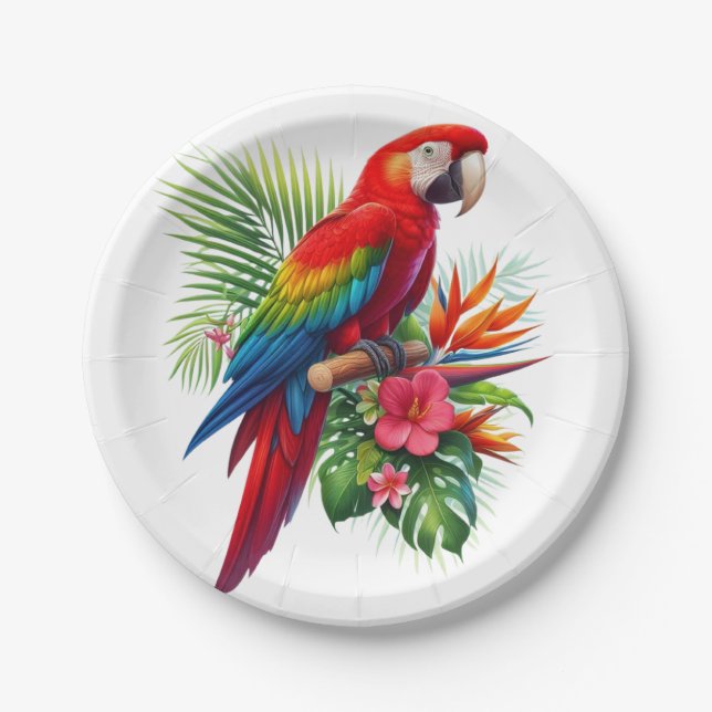 Red macaw tropical floral paper plates (Front)