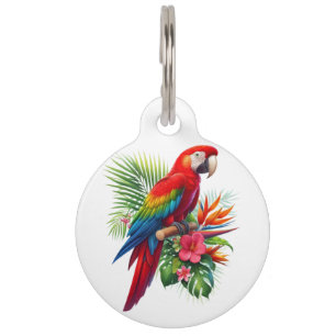Red macaw tropical floral pet ID tag