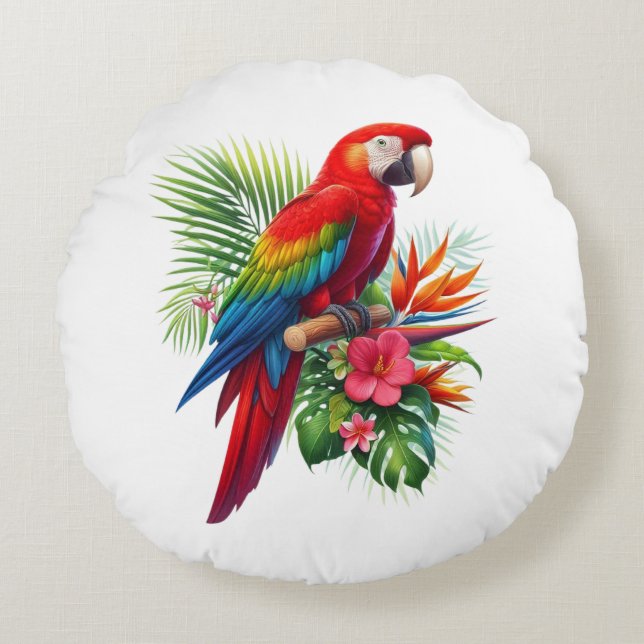 Red macaw tropical floral round pillow (Front)